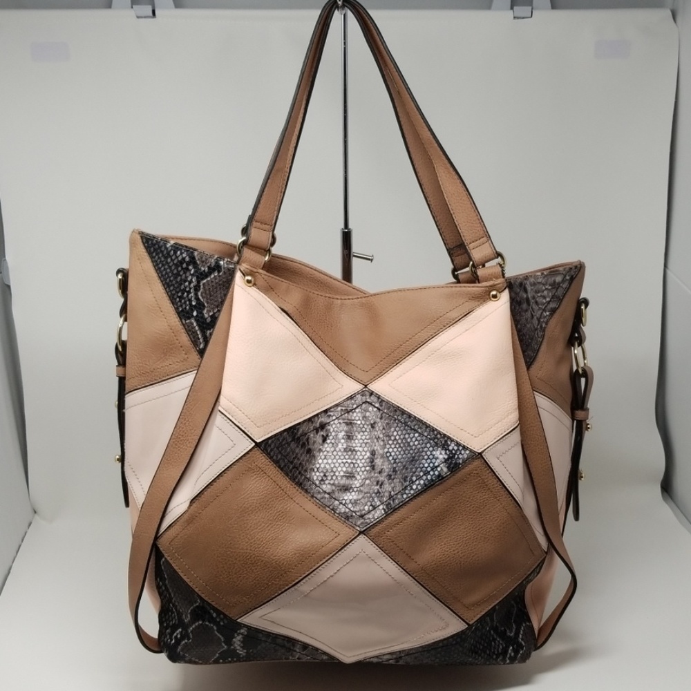 Patchwork Tote Bag - Tan, Cream, and Black